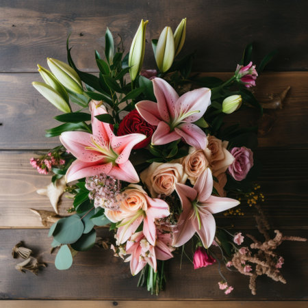A stunning overhead shot of a floral arrangement on a wooden table, featuring a mix of roses, lilies.の素材