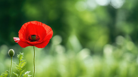 A single red poppy in the center of the frame with a blurred green background.の素材