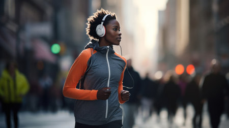runner wearing headphones, lost in their own world as they run through a busy city street.の素材