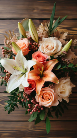 A stunning overhead shot of a floral arrangement on a wooden table, featuring a mix of roses, lilies.の素材