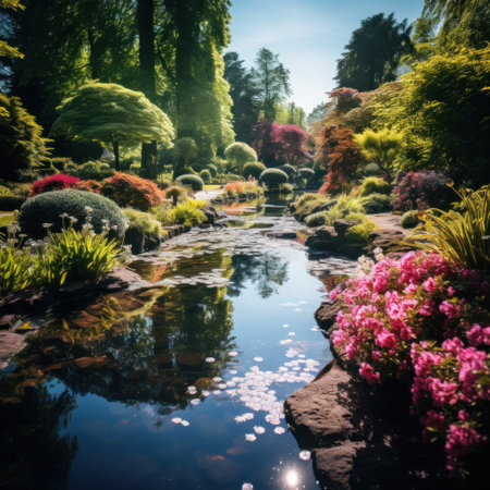 A stunning photo of a garden pond surrounded by lush greenery and colorful flowersの素材
