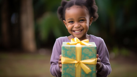 A young child holding a large, beautifully wrapped gift box with a big smile on their face.の素材