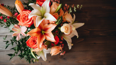 A stunning overhead shot of a floral arrangement on a wooden table, featuring a mix of roses, lilies.の素材