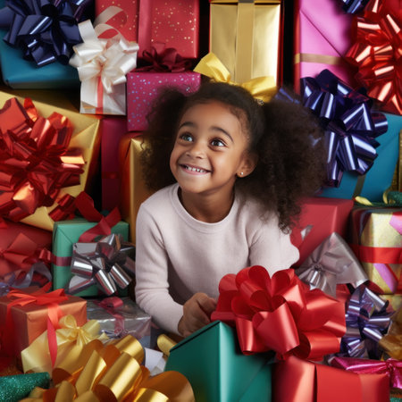 An enchanting image of a child sitting amidst a pile of gift boxes, surrounded by colorful ribbons and bows.の素材