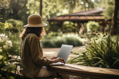 A woman is working on her laptop while sitting on a bench in a parkの素材
