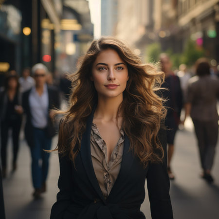 A stunning businesswoman in a power suit walking confidently down a busy city street.の素材