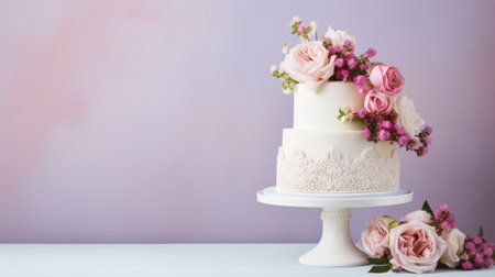 A vintage-inspired wedding cake with lace details and pink flowers, set against a soft pastel background.の素材
