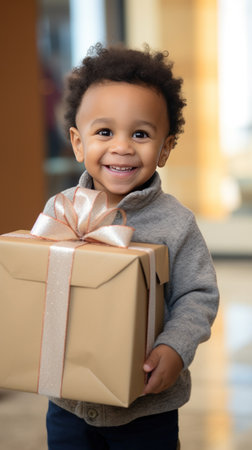 A young child holding a large, beautifully wrapped gift box with a big smile on their face.の素材