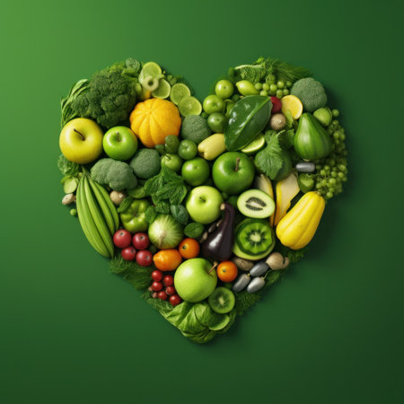 a variety of fruits and vegetables are arranged in a heart shape on a green backgroundの素材