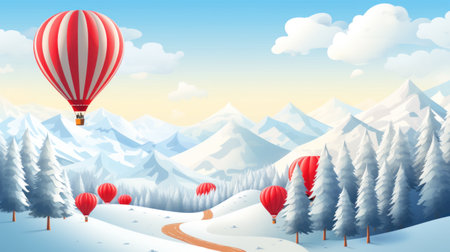 air balloon floating over snow-covered hills, great for promoting winter travel.の素材