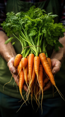 gardener's hand holding a freshly-picked carrot from a spring garden.の素材