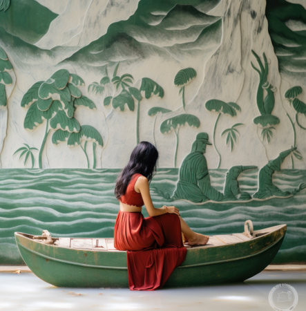 a woman in a red skirt is sitting in a boat with an airplane on the dock.の素材