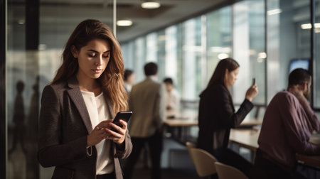 A woman is using her smartphone to check her emails while waiting for a meeting to start.の素材