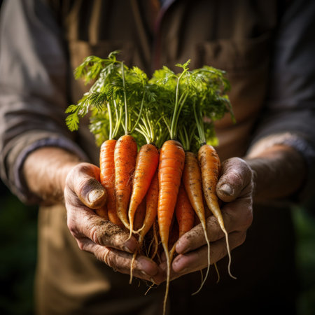 gardener's hand holding a freshly-picked carrot from a spring garden.の素材