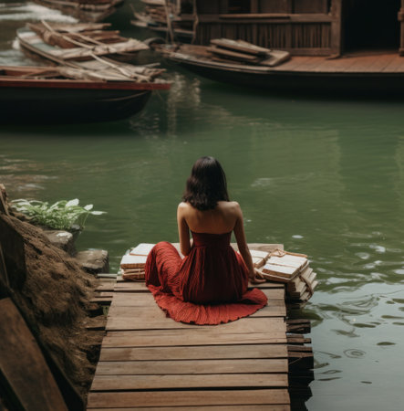a woman in a red skirt is sitting in a boat with an airplane on the dock.の素材