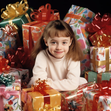 An enchanting image of a child sitting amidst a pile of gift boxes, surrounded by colorful ribbons and bows.の素材