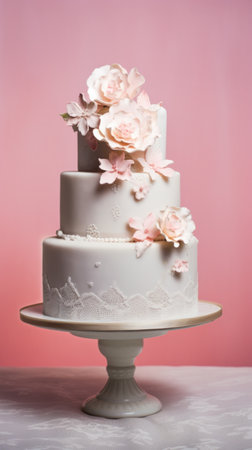 A vintage-inspired wedding cake with lace details and pink flowers, set against a soft pastel background.の素材