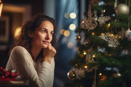 a woman sitting at a table in a living room with Christmas trees,.の素材