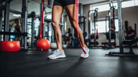 A woman using resistance bands to tone her legs and glutes in a gym.の素材