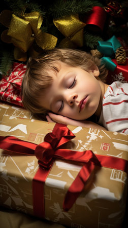 An endearing shot of a child asleep next to a giant present, exhausted from a day of opening gifts.の素材