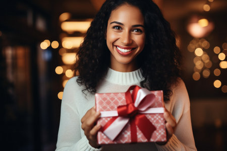 A woman with a bright smile holding a beautifully wrapped gift box that's adorned with a ribbon.の素材