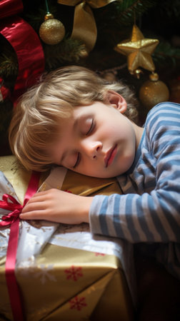 An endearing shot of a child asleep next to a giant present, exhausted from a day of opening gifts.の素材