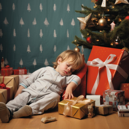 An endearing shot of a child asleep next to a giant present, exhausted from a day of opening gifts.の素材