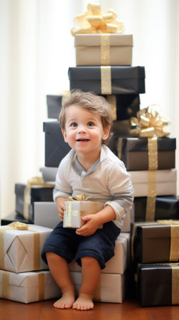 An adorable child standing in front of a towering stack of gift boxes, ready to open them all.の素材