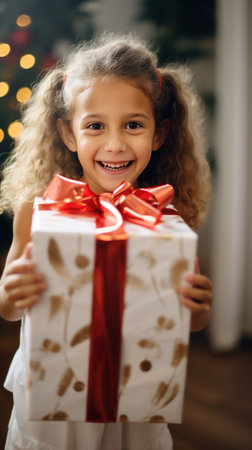A young child holding a large, beautifully wrapped gift box with a big smile on their face.の素材