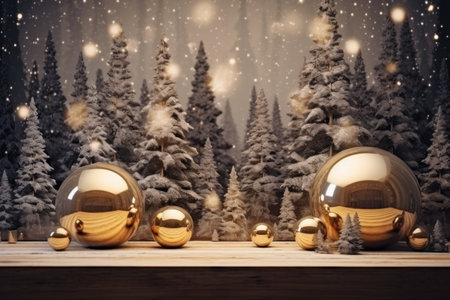 an icy forest landscape filled with red and gold christmas trees and snowflakes.の素材