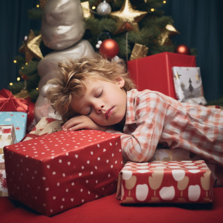 An endearing shot of a child asleep next to a giant present, exhausted from a day of opening gifts.の素材