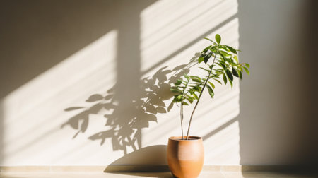 single potted plant in a sunlit room, casting a beautiful shadow on the wallの素材