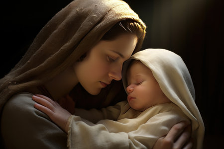 An intimate portrait of Mary and Jesus, with Mary cradling her son and looking at him.の素材