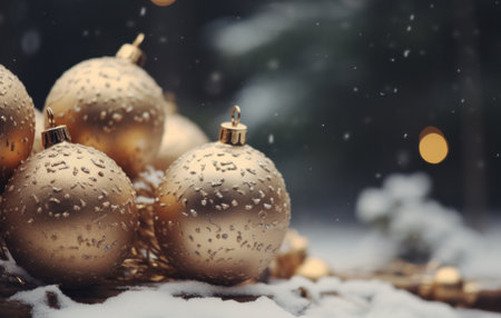 christmas background with snow and golden balls with green trees in the snow..の素材