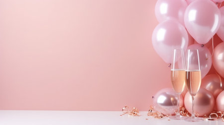 Happy new year pastel pink background with balloons and glasses of champagne.の素材