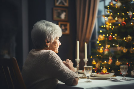 elderly woman looking out over christmas tree.の素材