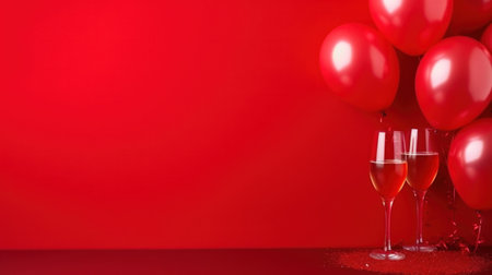 Happy new year red background with balloons and glasses of champagne.の素材