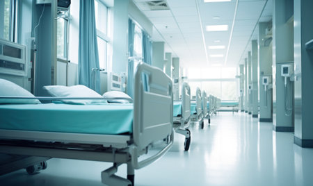hospital room view of an empty room with hospital bed.の素材