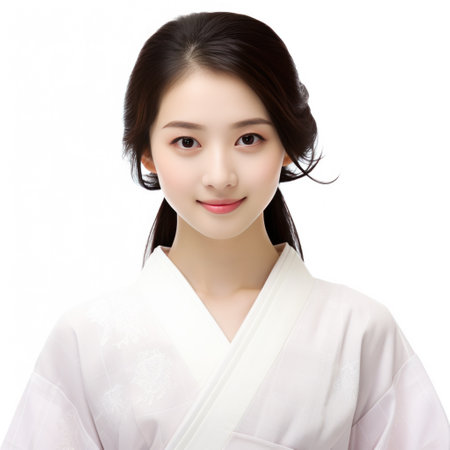 Portrait of a Japanese Woman on a White Background.の素材