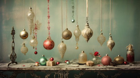 A nostalgic look at Christmases past, with vintage ornaments and decorations against a muted backgroundの素材