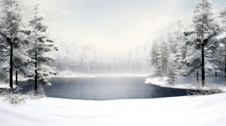 A peaceful and serene scene with snow-covered trees and a quiet winter landscape.の素材