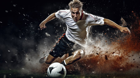 player kicking the ball, capturing the intensity of the game and ideal for sports publications or websites.の素材