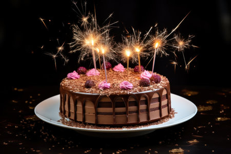 a birthday cake on a white plate with a sparkler on the side.の素材