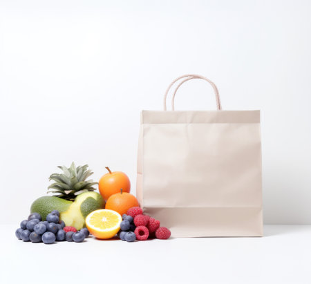 a paper bag containing fruit and vegetables.の素材