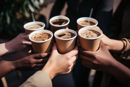 a group of people drinking coffee together hands holding up their cups.の素材