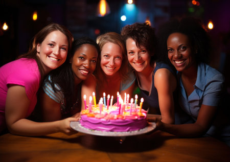Group of happy friends celebrating birthday and blowing out candles on cake in barの素材