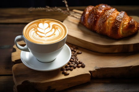 a croissant with coffee and coffee is on a table.の素材