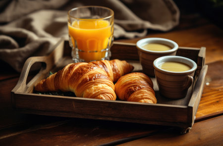 a tray of croissants, coffee and orange juice.の素材