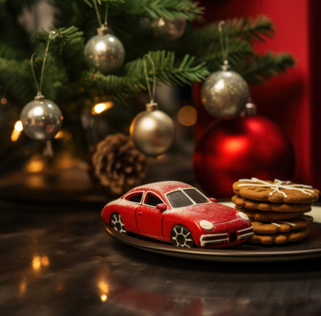 a red car with some cookies in it next to a christmas ornament.の素材