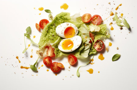 a plate with egg, tomato and lettuce is displayed.の素材